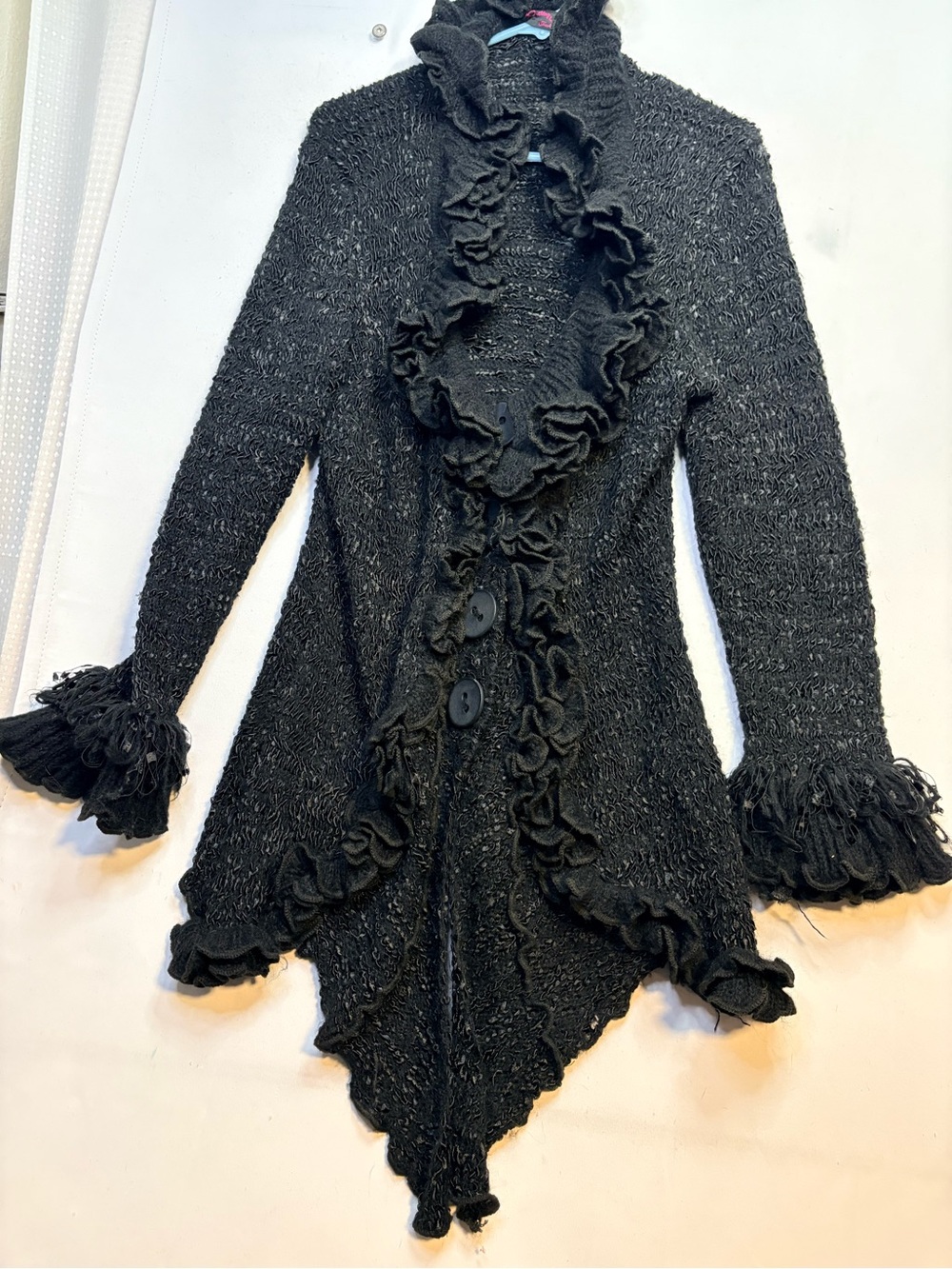 Pretty Angel Fashion Cashmere Blend Ruffle Cardigan Black Boho Gothic Sweater XL